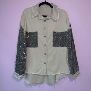 Light Grey Jean Jacket M Oversized Blue Velvet Sequins Cotton Blend